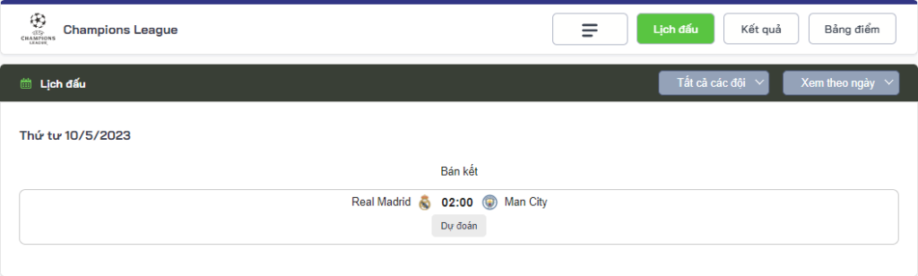 lịch thi đấu Man City và Real Madrid
