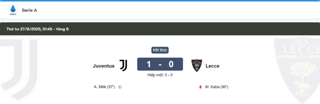 kết quả bóng đá Juventus vs Lecce