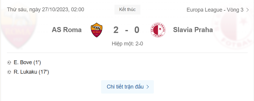 tỉ số Roma vs Slavia Prague
